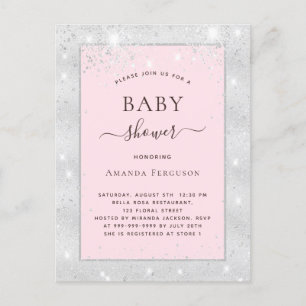 Baby shower girl silver blush pink glitter invitation postcard