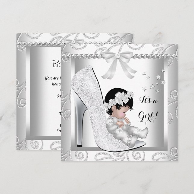 Baby Shower Girl Silver Gray White Diamond Shoe Invitation (Front/Back)