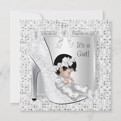 Baby Shower Girl Silver White Glitter Shoe Custom Invites