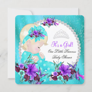 Baby Shower Girl Teal Blue Purple Floral 3 Invitation