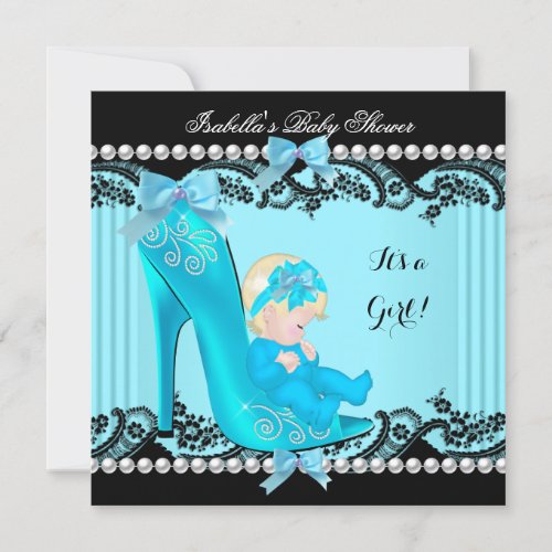 Baby Shower Girl Teal Blue Shoe Blonde Invitation