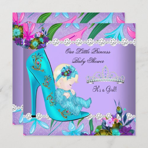 Baby Shower Girl Teal Purple Floral Shoe Blonde Invitation