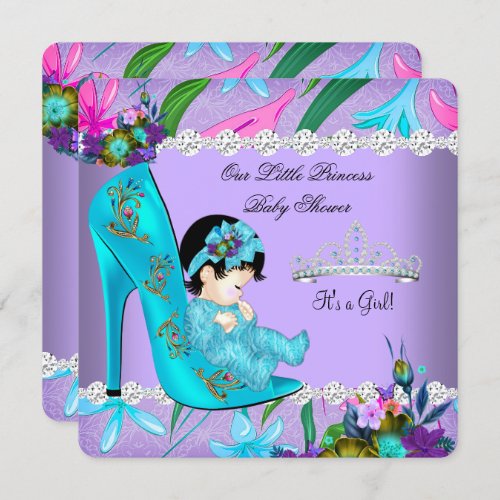 Baby Shower Girl Teal Purple Floral Shoe Invitation
