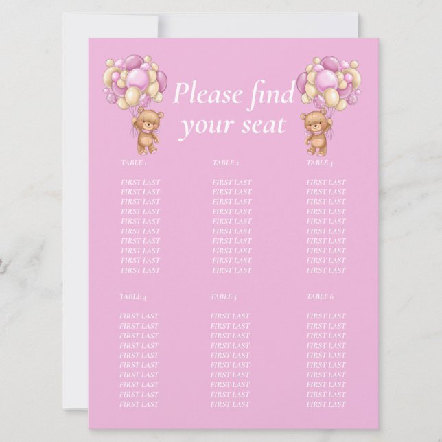 Baby Shower Girl Teddy  Balloon  Table chart  Invitation (Front)