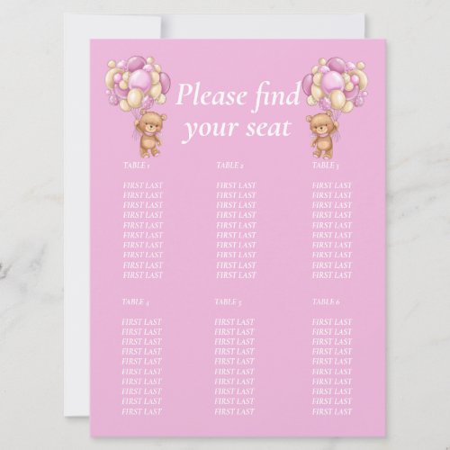 Baby Shower Girl Teddy  Balloon  Table chart  Invitation