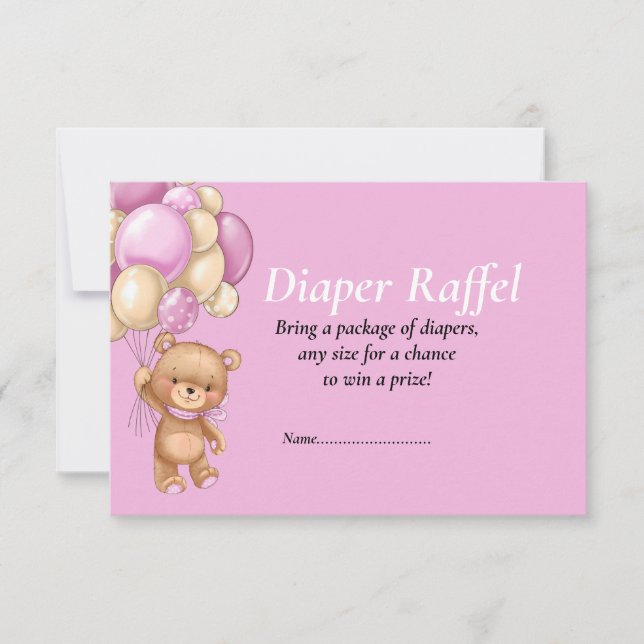 Baby Shower Girl Teddy Balloons Diaper Raffel  Invitation (Front)