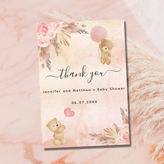 Baby Shower girl teddy bear pampas grass floral Thank You Card | Zazzle