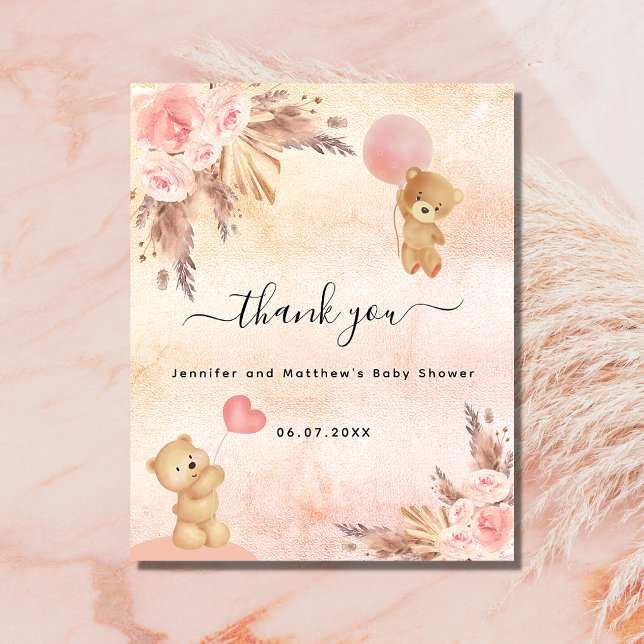 Baby Shower girl teddy bear pampas thank you card (Creator Uploaded)