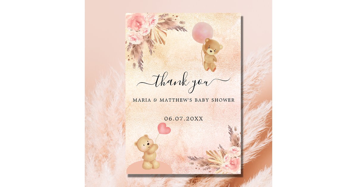 Baby Shower girl teddy bear pampas thank you card | Zazzle