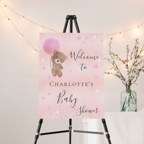 Baby shower girl teddy bear pink silver welcome foam board
