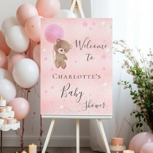 Baby shower girl teddy bear pink silver welcome foam board