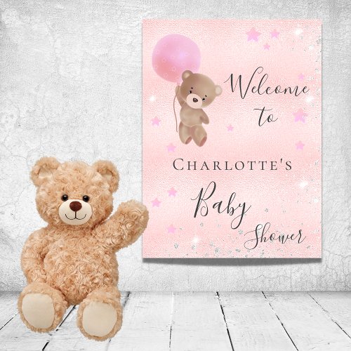 Baby shower girl teddy bear pink silver welcome poster