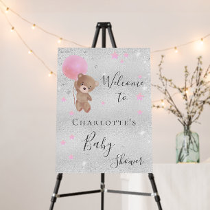 Baby shower girl teddy bear silver pink welcome foam board
