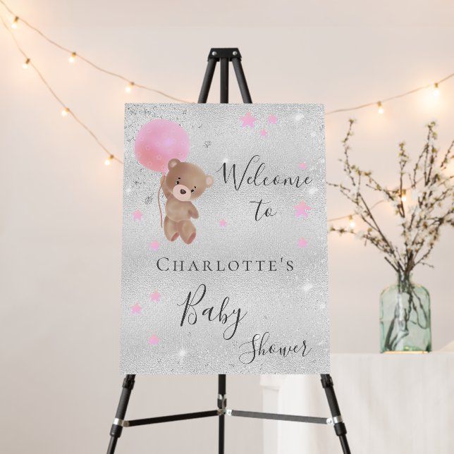 Baby shower girl teddy bear silver pink welcome foam board (In Situ (Stand))