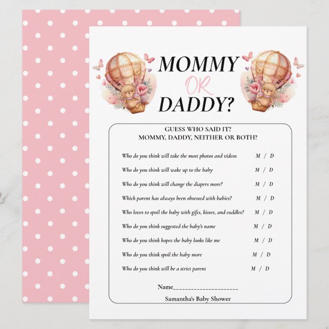 Baby Shower Girl Teddy Mommy Daddy Balloon Pink    Invitation (Front/Back)