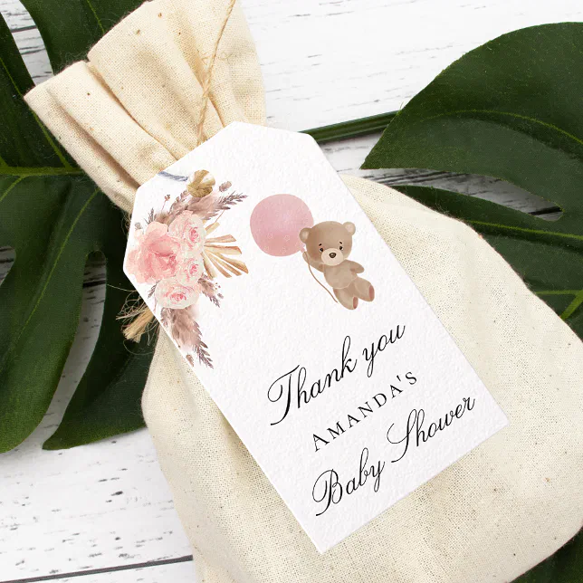 Baby Shower girl teddy pampas grass thank you Gift Tags | Zazzle