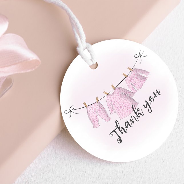 Baby Shower Girl Thank You Watercolor Pink Custom Favor Tags (Cute baby shower custom favor tag with pink clothesline. )