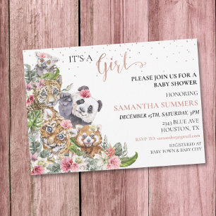 Baby Shower Girl Tropical Cute Jungle Animals Invitation