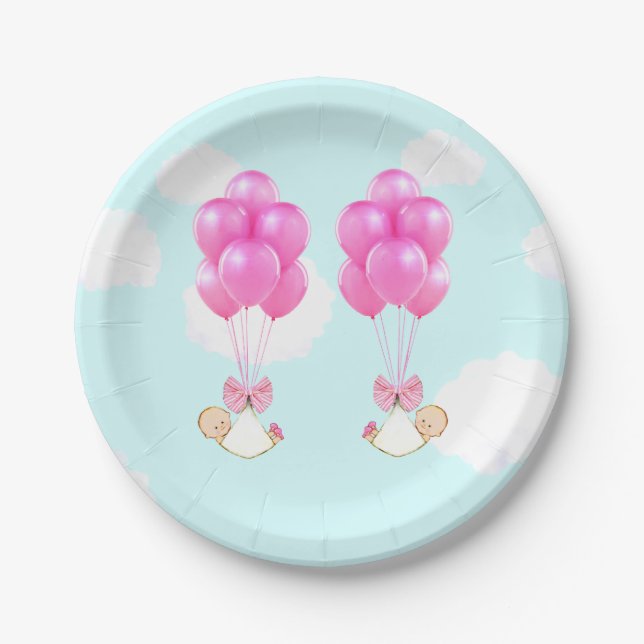 Baby Shower Girl Twins Decoration Paper Plates (Front)