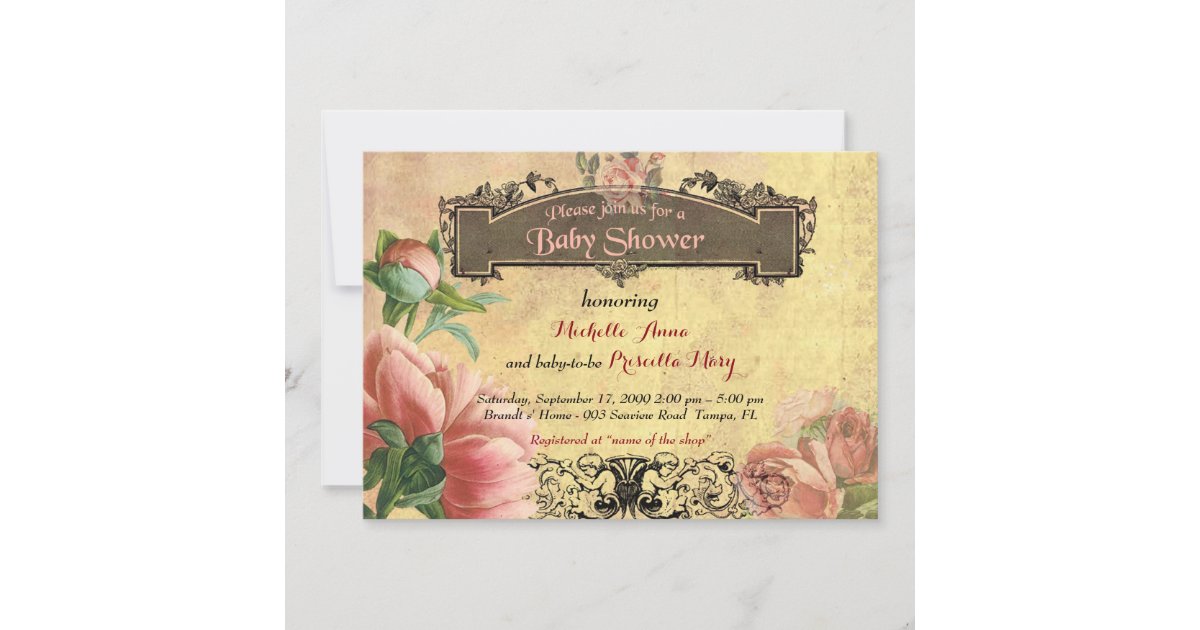 Baby Shower girl,vintage,artdeco,old paper,roses. Invitation Zazzle