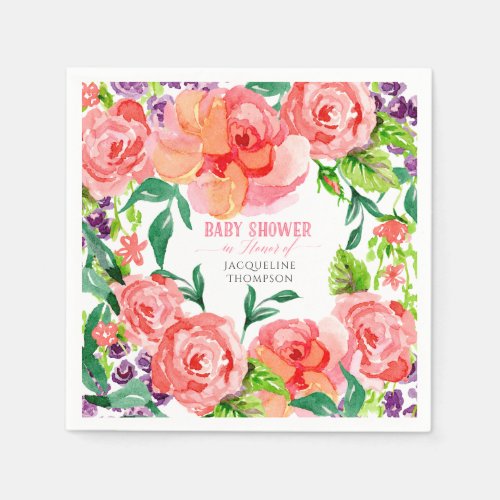 Baby Shower Girl Watercolor Modern Flowers Roses Paper Napkins