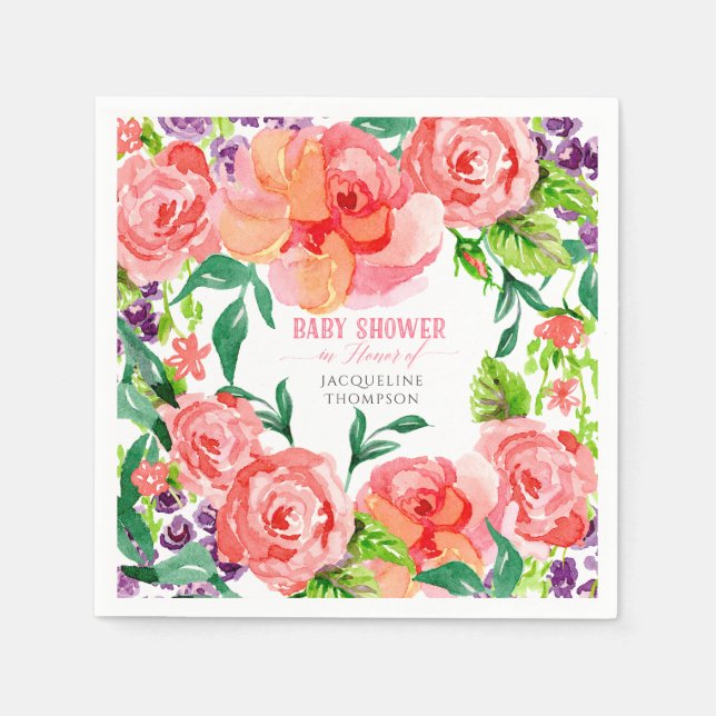 Baby Shower Girl Watercolor Modern Flowers Roses Paper Napkins (Front)