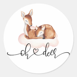 Baby Shower Girl Watercolor Oh Deer Pink Cloud Classic Round Sticker