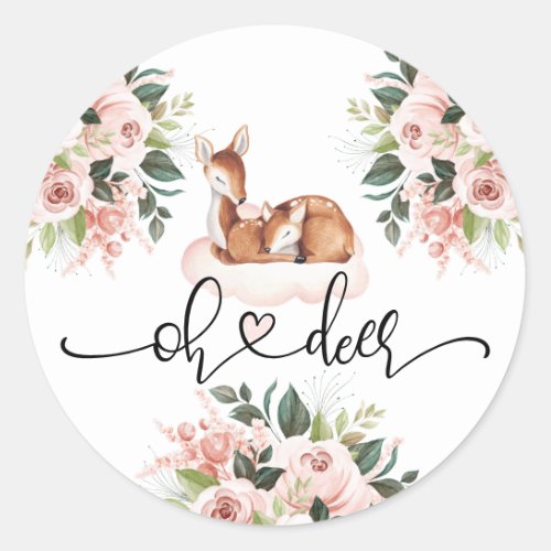 Baby Shower Girl Watercolor Oh Deer Pink Floral Classic Round Sticker