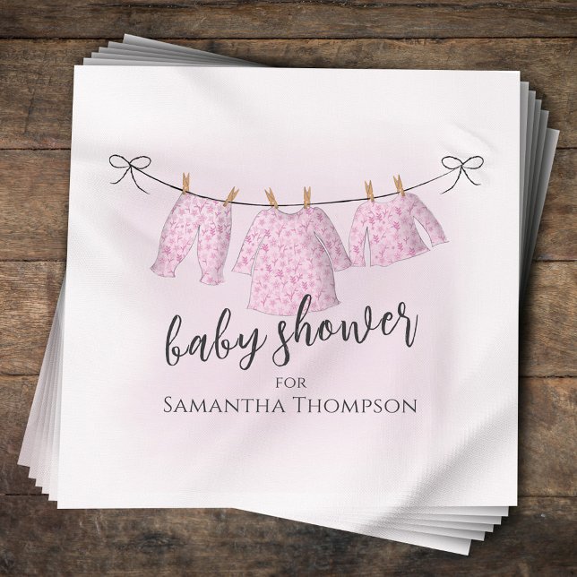 Baby Shower Girl Watercolor Pink Clothesline Napkins (Pink Baby Shower custom napkin. )