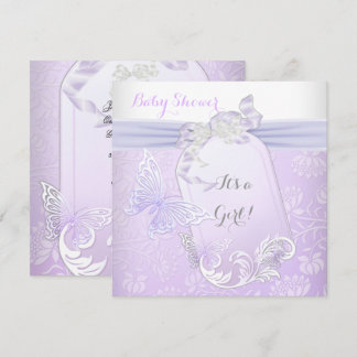 Baby Shower Girl White Lilac Princess Butterfly 2 Invitation