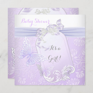 Baby Shower Girl White Lilac Princess Butterfly 2 Invitation