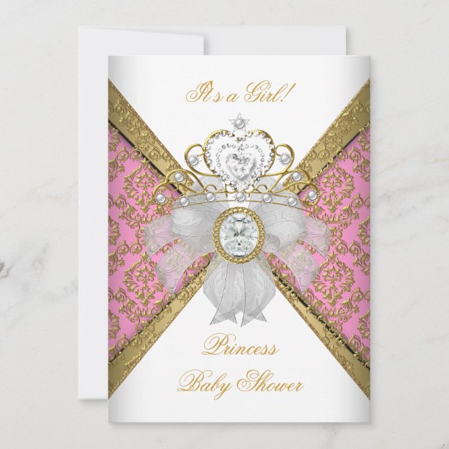 Baby Shower Girl White Pink Princess Damask 5 x 7 Invitation (Front)