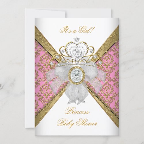 Baby Shower Girl White Pink Princess Damask 5 x 7 Invitation