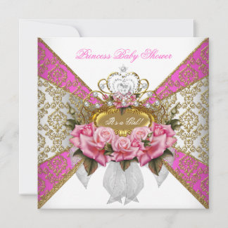 Baby Shower Girl White Pink Princess Damask Rose 2 Invitation