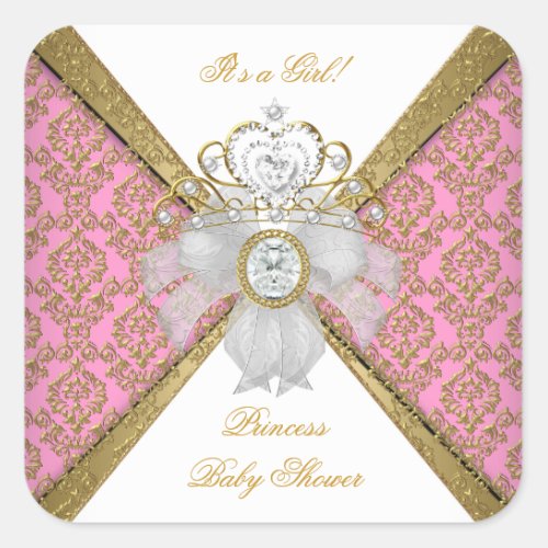 Baby Shower Girl White Pink Princess Damask Square Sticker