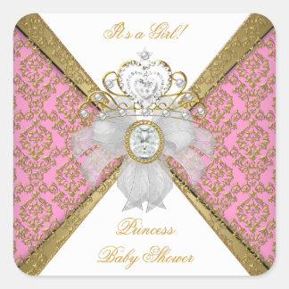 Baby Shower Girl White Pink Princess Damask Square Sticker