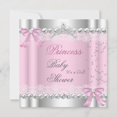Baby Shower Girl White Pink Princess Tiara Lace Invitation