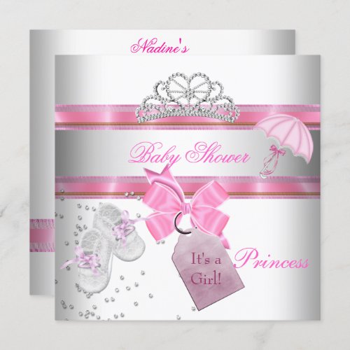 Baby Shower Girl White Pink Princess Tiara Magical Invitation