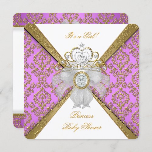 Baby Shower Girl White Purple Princess Damask Invitation