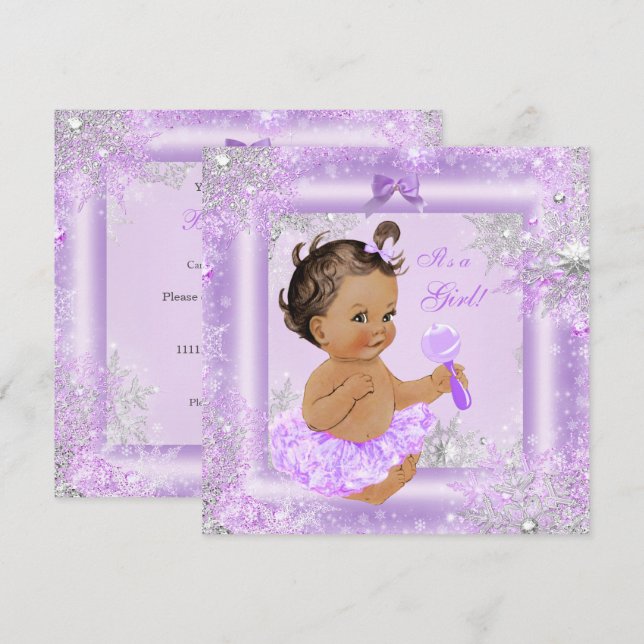 Baby Shower Girl Winter Lavender Snowflake Brunett Invitation (Front/Back)