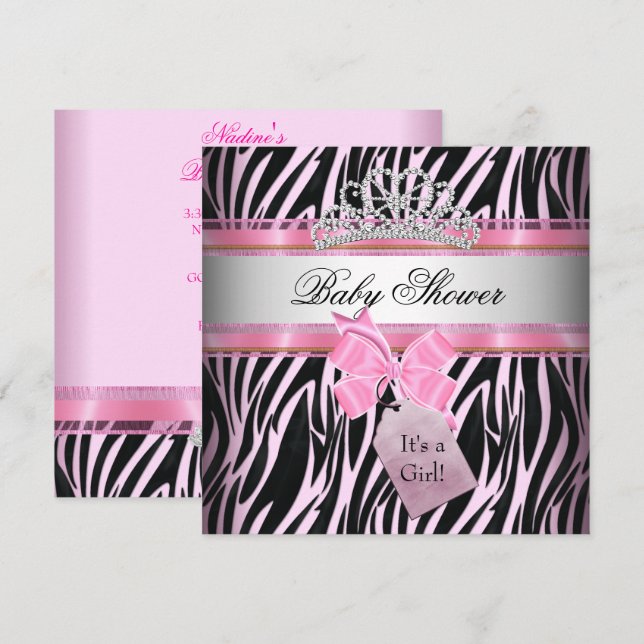 Baby Shower Girl Zebra Pink Princess Black Invitation (Front/Back)