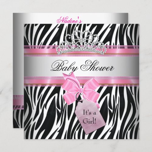 Baby Shower Girl Zebra Pink Princess Black Invitation