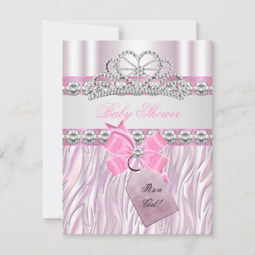Baby Shower Girl Zebra Pink Princess Tiara Diamond Invitation