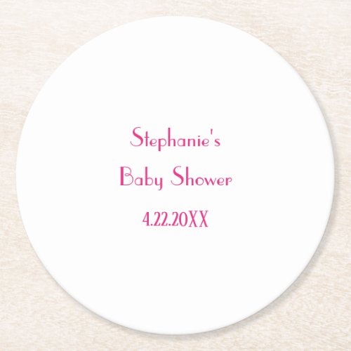 Baby Shower Girls Pink Custom Name 2024 Elegant Round Paper Coaster