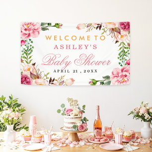 Baby Shower Girly Elegant Chic Pink Floral Banner