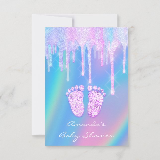 Baby Shower Girly Feet Holograph Unicorn Pink Foot Invitation (Back)