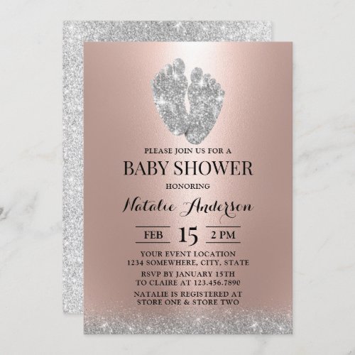  Baby Shower Glitter Baby Feet Modern Rose Gold  Invitation