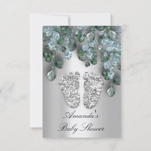 Baby Shower Glitter Feet Gray Eucalyptus Green Blu Invitation