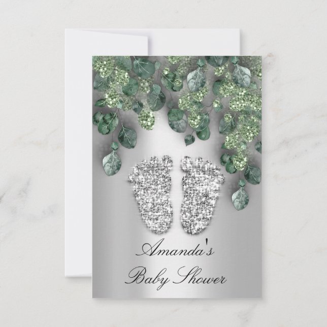 Baby Shower Glitter Feet Gray Eucalyptus Green VIP Invitation (Back)