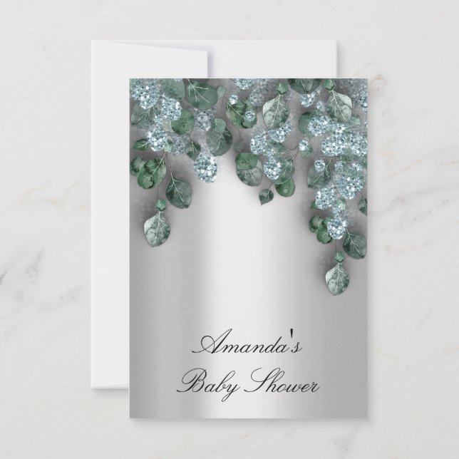 Baby Shower Glitter Gray Eucalyptus Green Blue Invitation (Back)